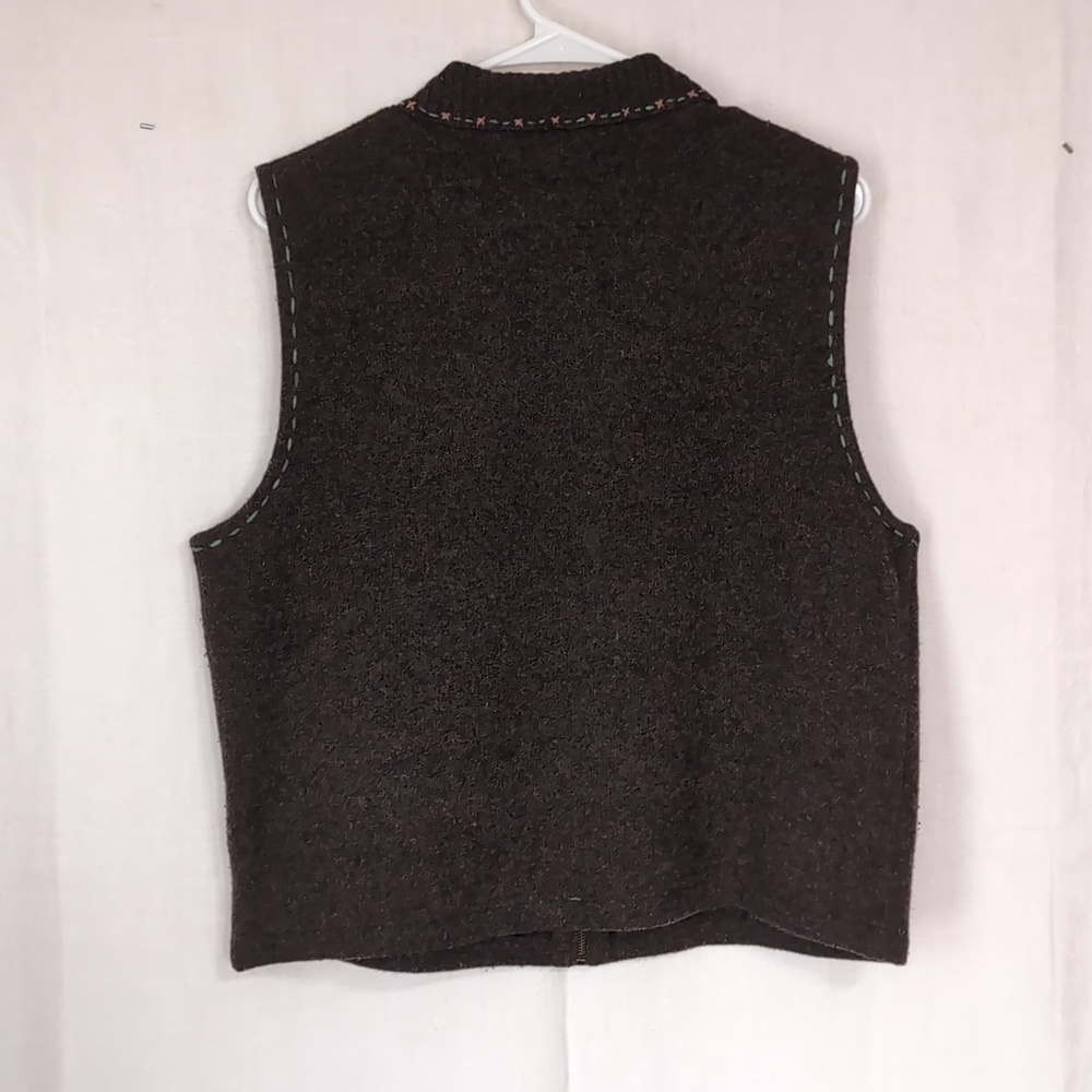 Woolrich Lambswool Brown Full Zip Sweater Vest Floral Beaded Applique Size Large - Picture 6 of 6
